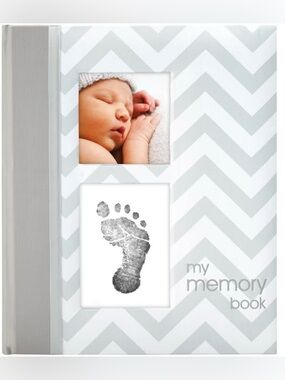 NWT-Chevron Baby Memory Book in Light Gray and White-with baby foot stamp